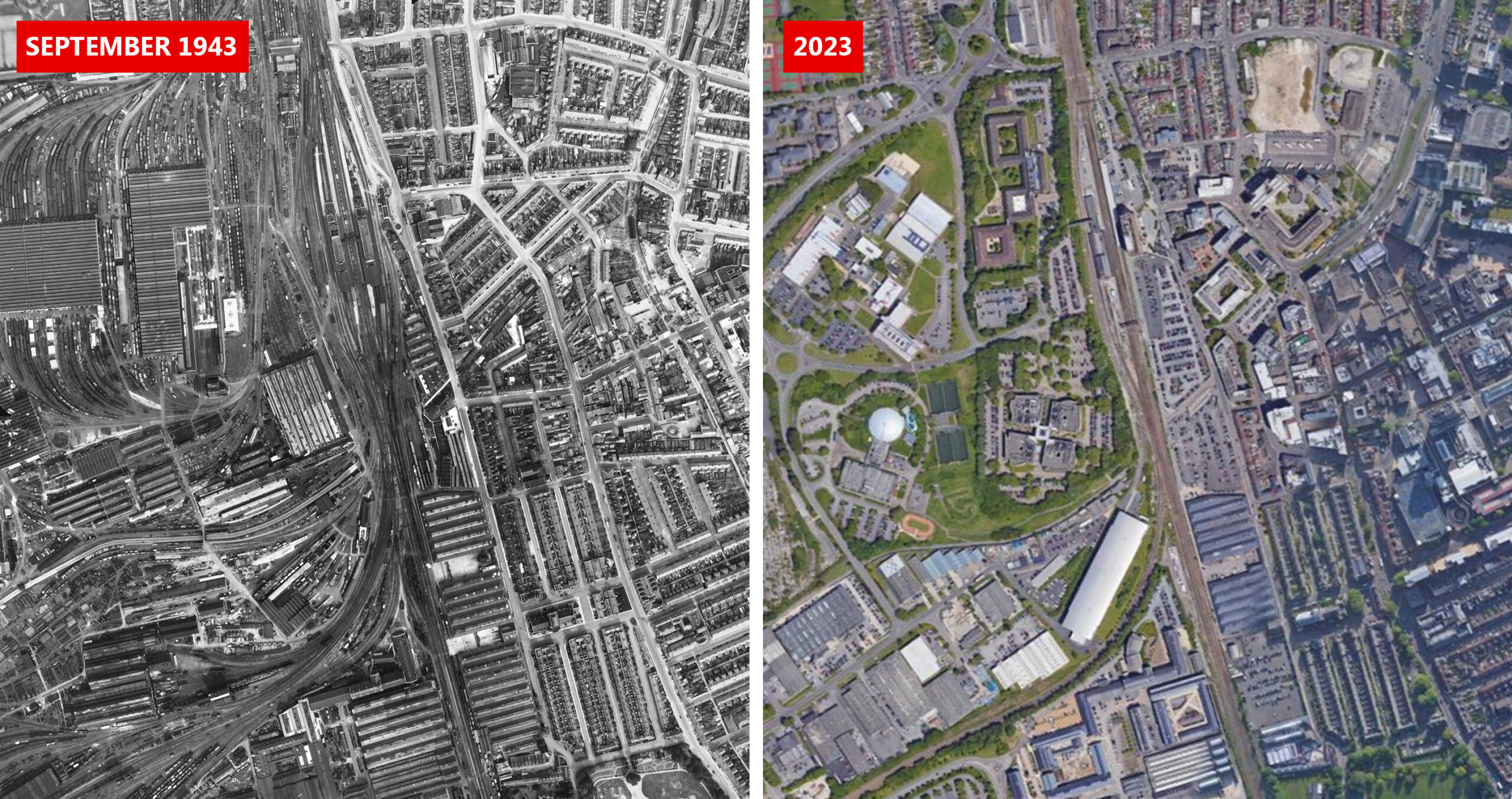 The Great Western Railway works at Swindon dominate the landscape in September 1943, but have largely disappeared now. Picture: Historic England Archive/USAAF Photography