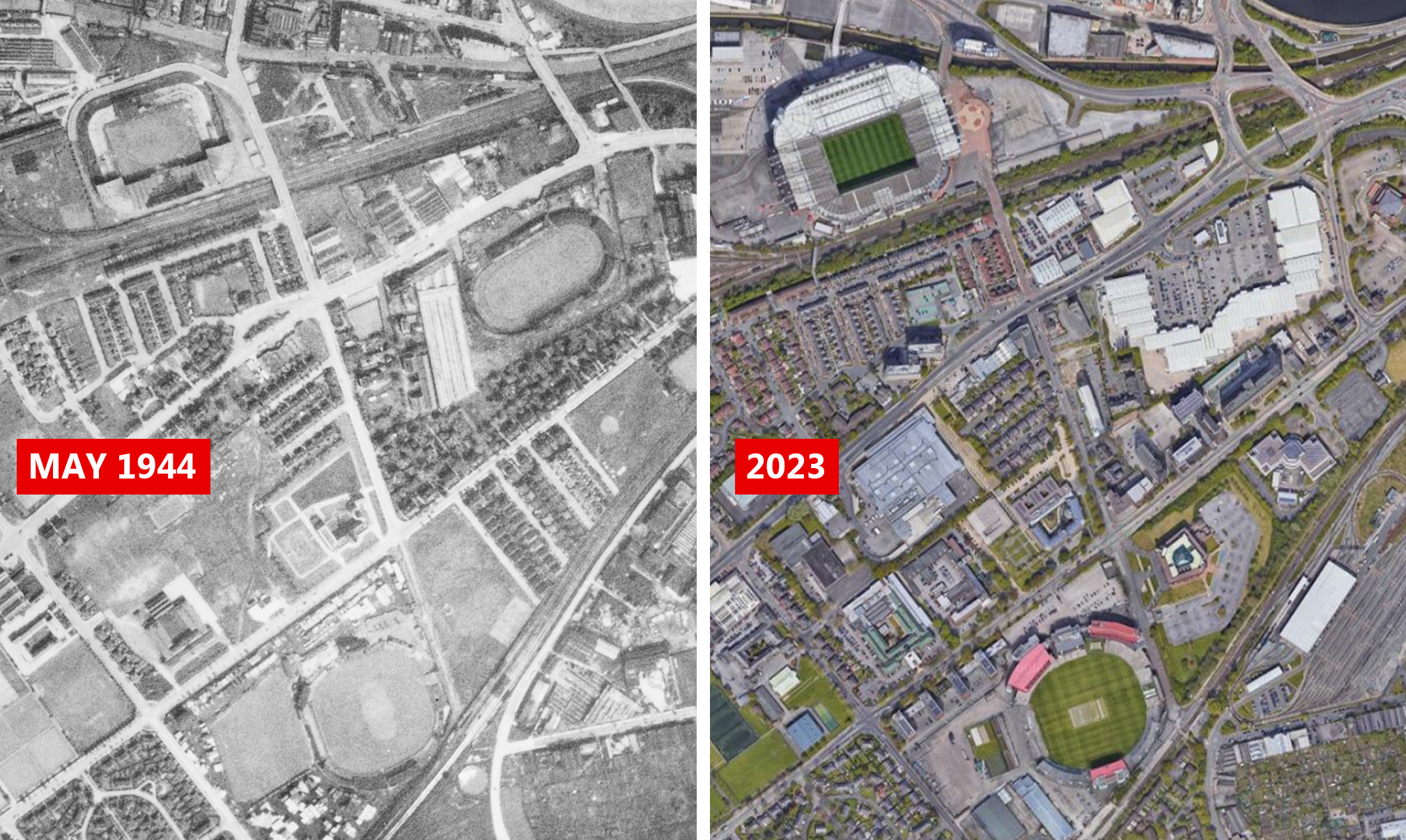 Old Trafford football and cricket grounds are captured in 1944, with bomb damage visible at the home of Manchester United. Picture: Historic England Archive/USAAF Photography