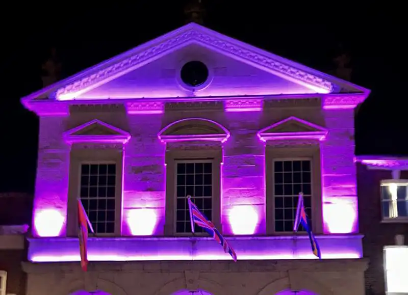 Blandford Forum Town Hall was lit in purple for World Pancreatic Cancer Day. Picture: Blandford Forum Town Council