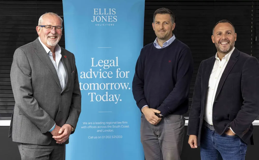 Managing partner Nigel Smith, left, and head of banking and finance litigation William Fox Bregman, right, welcome Senior associate solicitor James Constable to Ellis Jones