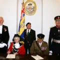 High Sheriff of Dorset Colin Weston, mayor Diann March, Pete Thrumble from the Royal British Legion, chief of staff at the Defence School of CIS Blandford Lieutenant Colonel Ben Psaila and His Majesty's Lord-Lieutenant of Dorset, Angus Campbell
