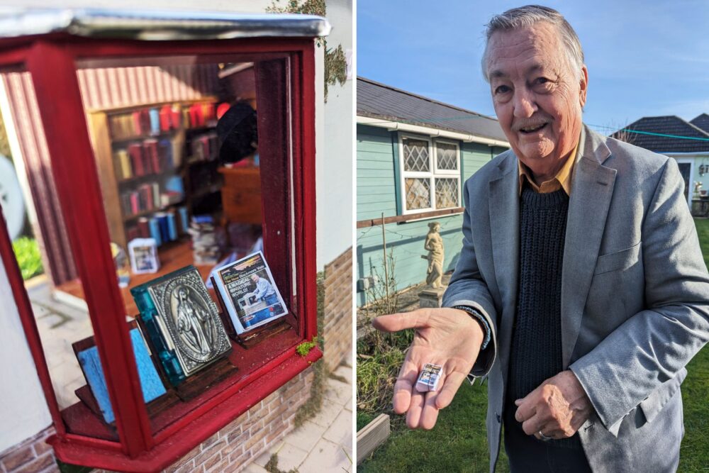 Leonard Martin holds a bundle of miniature New Blackmore Vales - which are in the window of his tiny bookshop
