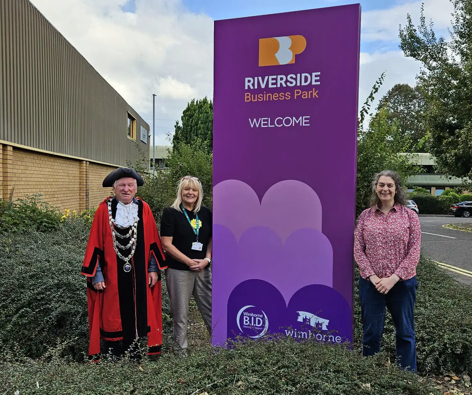 Mayor Jeff Hart with BID chair, Fiona Harwood, and BID manager, Tammy Sleet at Riverside Business Park