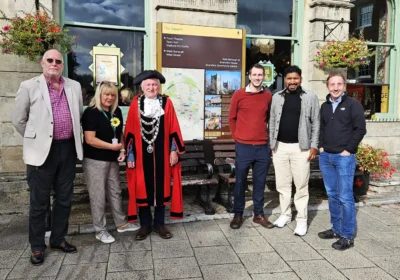 From left: Ian Faulkner, chair of Wimborne BID when this project first started in 2017; Fiona Harwood, current chair, mayor Jeff Hart, BID directors Scott Fountain and Zabir Ali, with consultant Jonathan Docksey, of Claro Wayfinding