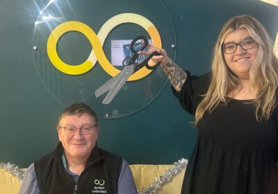 David Batt is preparing to lose his hair in aid of the school’s play equipment appeal. David is seen here with Hannah Woollven, the charity’s marketing and fundraising manager Picture: Autism Unlimited