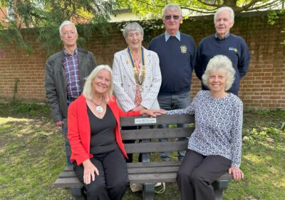Julie Henson (seated L) and Linda Griffiths, with Wimborne Rotary President Sue Young (centre) and Rotarians Chris Mogg, Dave Sumner and Ron Franks Picture: Wimborne Rotary
