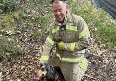 Lando pictured smiling with an on-call firefighter who rescued him Picture: Hampshire & Isle of Wight Fire and Rescue Service