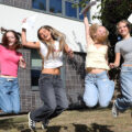 Katie Gazzard, Olivia Breckon, Lois Robinson, Annie Adams celebrating their results Picture: Arnewood School