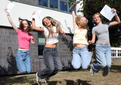 Katie Gazzard, Olivia Breckon, Lois Robinson, Annie Adams celebrating their results Picture: Arnewood School