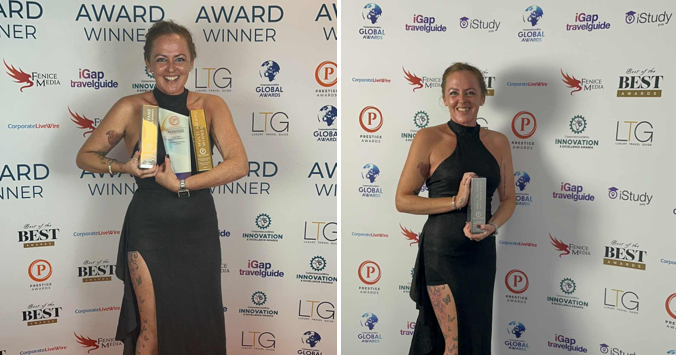 Katie with her three awards (left) and her colleting the Hall of Fame award (right)