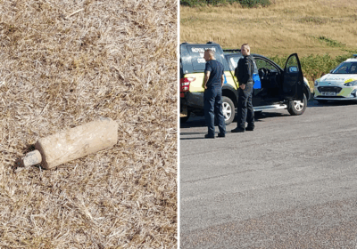 The mortar, left, was eventually detonated in a controlled explosion Picture: New Forest Police