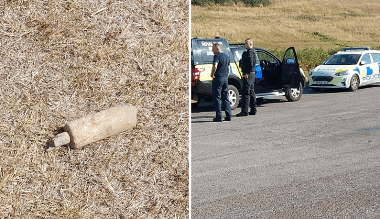 The mortar, left, was eventually detonated in a controlled explosion Picture: New Forest Police