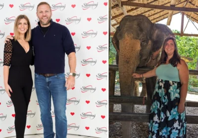 Kirst, left, posing with James Haskell after losing the weight and right, before her weight loss journey Picture: Slimming World