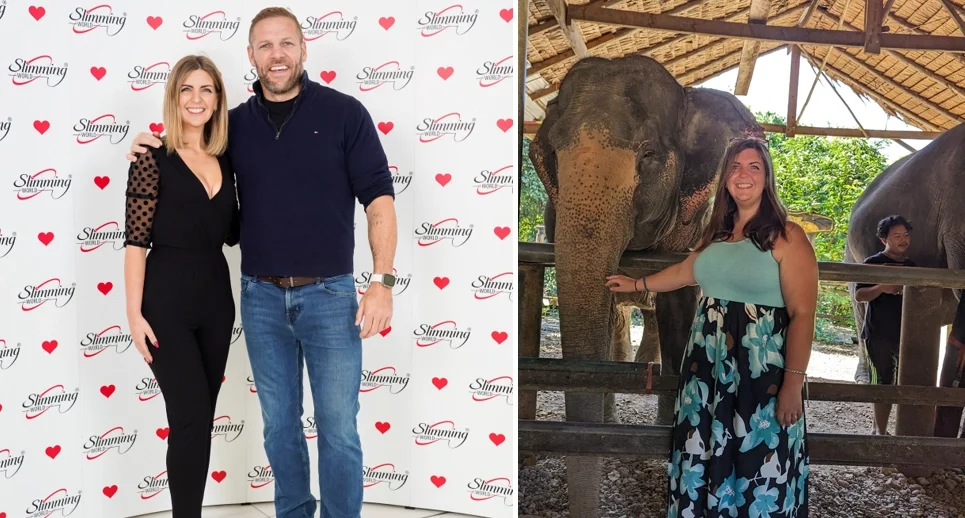 Kirst, left, posing with James Haskell after losing the weight and right, before her weight loss journey Picture: Slimming World