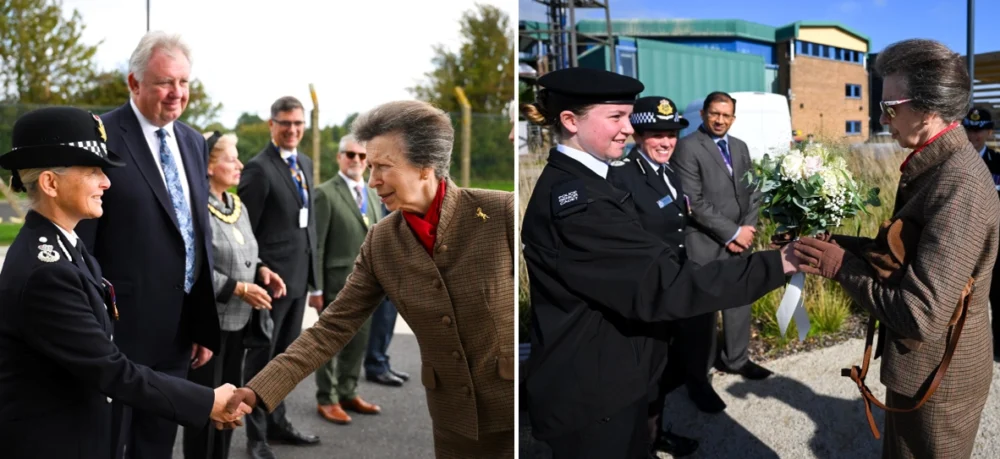 Left: Princess Anne meeting Dorset's chief constable Amanda Pearson and right, cadet Amber Loring-Arnot handing the Princess Royal flowers Picture: Dorset Police