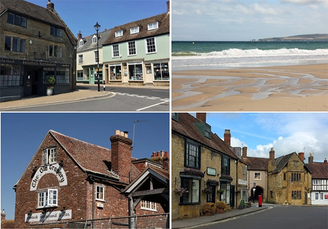 Clockwise from top left Beaminster, Canford Cliffs, Wareham and Sherborne Pictures: Muddy Stilettos