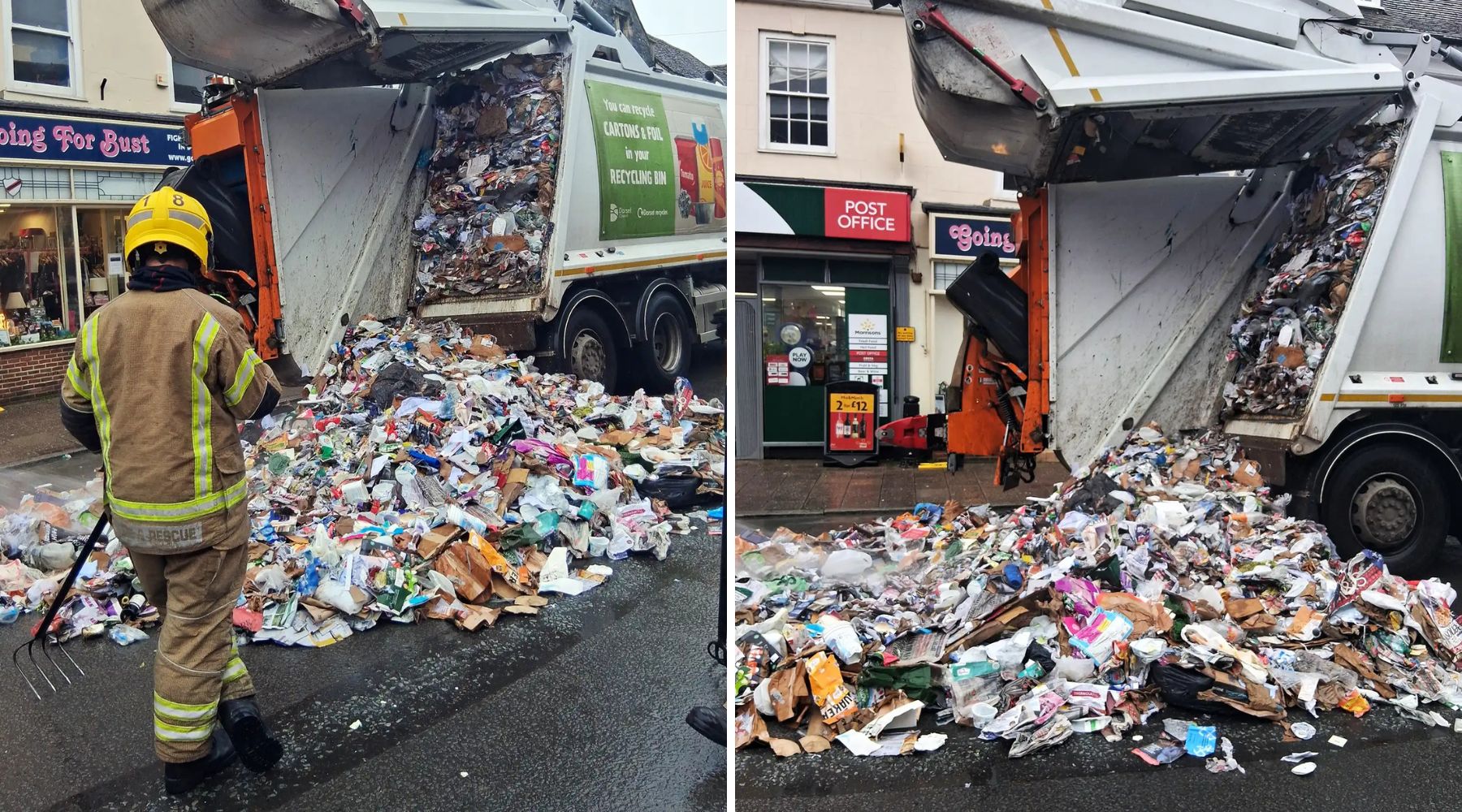 The bin lorry emptied contents in the centre of Wimborne. Pictures: Dorset Council