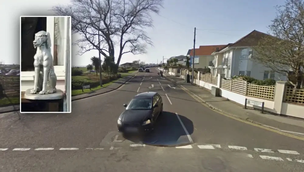 The dog statue, inset, was taken from outside a property in Whitecliff Road, Poole. Pictures: Google/Dorset Police