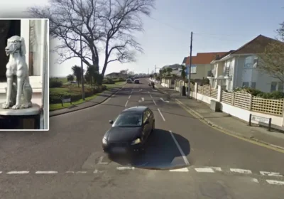 The dog statue, inset, was taken from outside a property in Whitecliff Road, Poole. Pictures: Google/Dorset Police