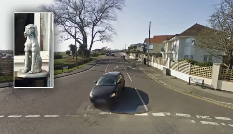 The dog statue, inset, was taken from outside a property in Whitecliff Road, Poole. Pictures: Google/Dorset Police