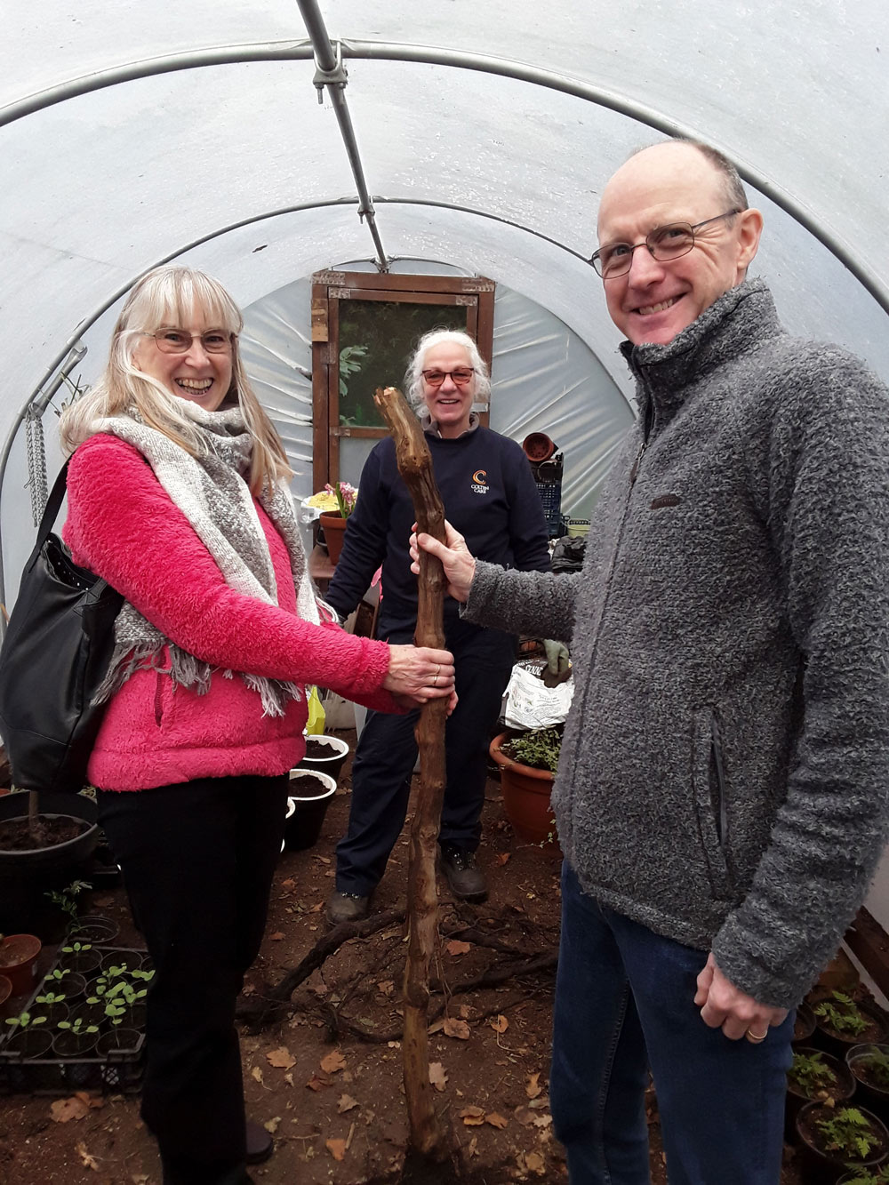 Amberwood House gardener Lyn Read, centre, donates a wisteria vine to Liz and Jon Doyle, daughter and son-in-law of resident Mary Whitehouse, to prevent the plant being lost due to renovation work.