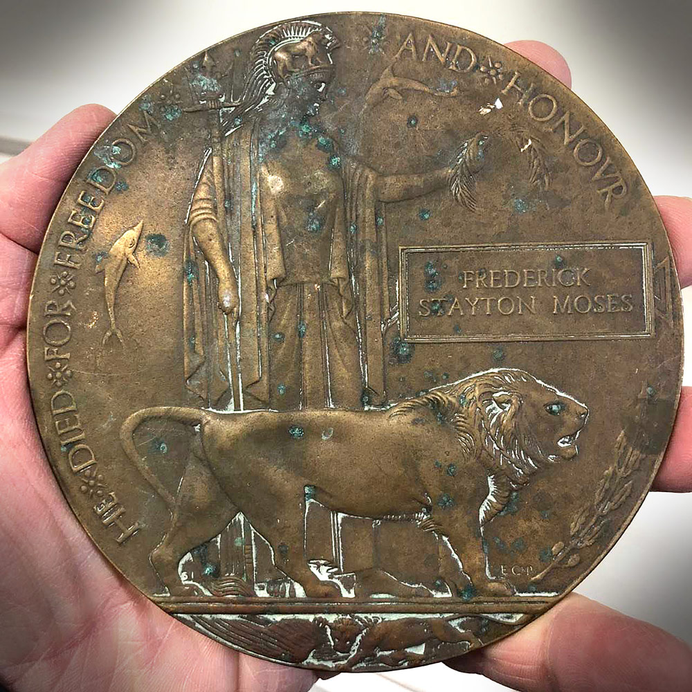 HEAVY MEDALS: The WWI bronze death plaque to Frederick Stayton Moses who was killed in action on the first day of the Battle of the Somme in 1916 estimated at £200-£400 