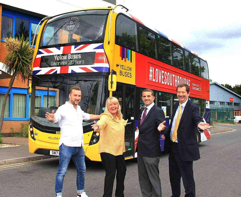 The Jubilee Bus with Darren Mooney, (left), of Global Brand Communications, Paul Clarke of the Coastal BID (second right) and David Squire and Fiona Harwood of Yellow Buses